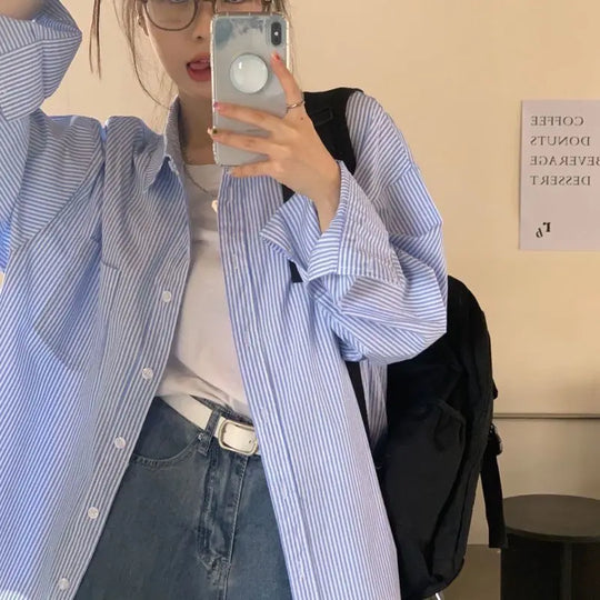 Elva | Women's Oversized Striped Shirt with Long Sleeves | Blue