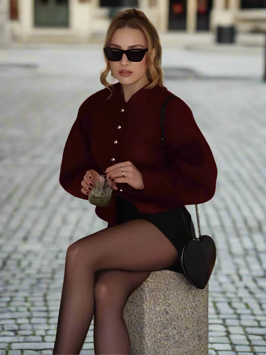 Elisa | Women's Oversized Short Coat with Round Neck | Bordeaux Red