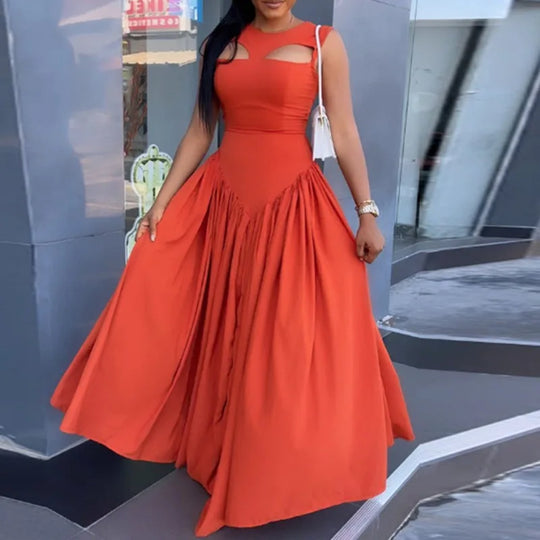 Isabeau | Sleeveless long A-line dress for women | Orange
