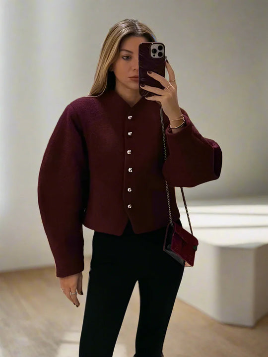 Elisa | Women's Oversized Short Coat with Round Neck | Bordeaux Red