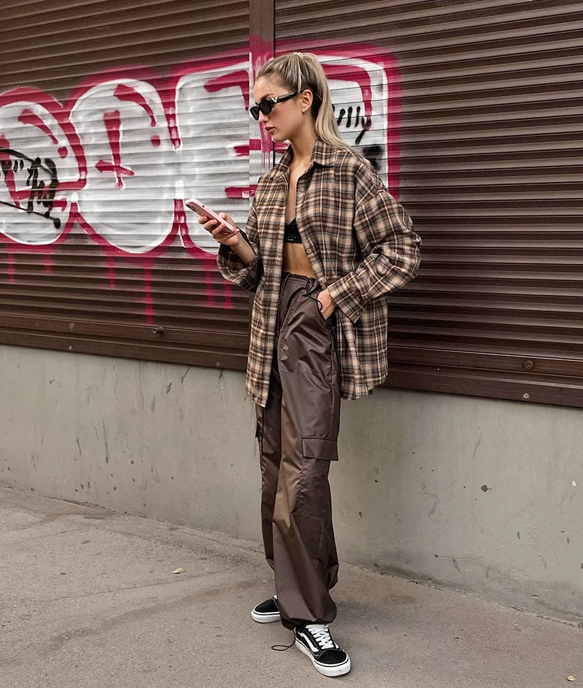 Sienna | Women's Oversized Checked Blouse with Button Closure | Brown