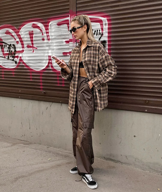 Sienna | Women's Oversized Checked Blouse with Button Closure | Brown