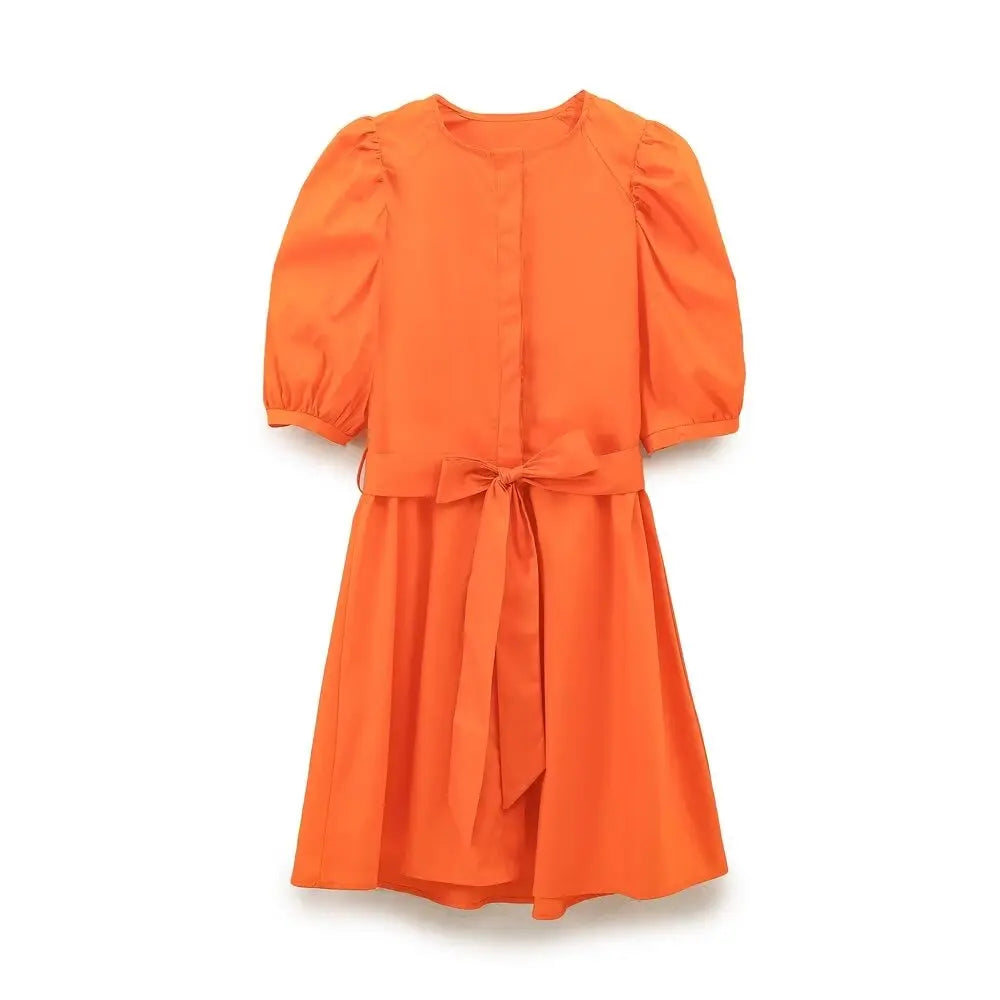 Noa | Short summer dress with belt for women | Orange