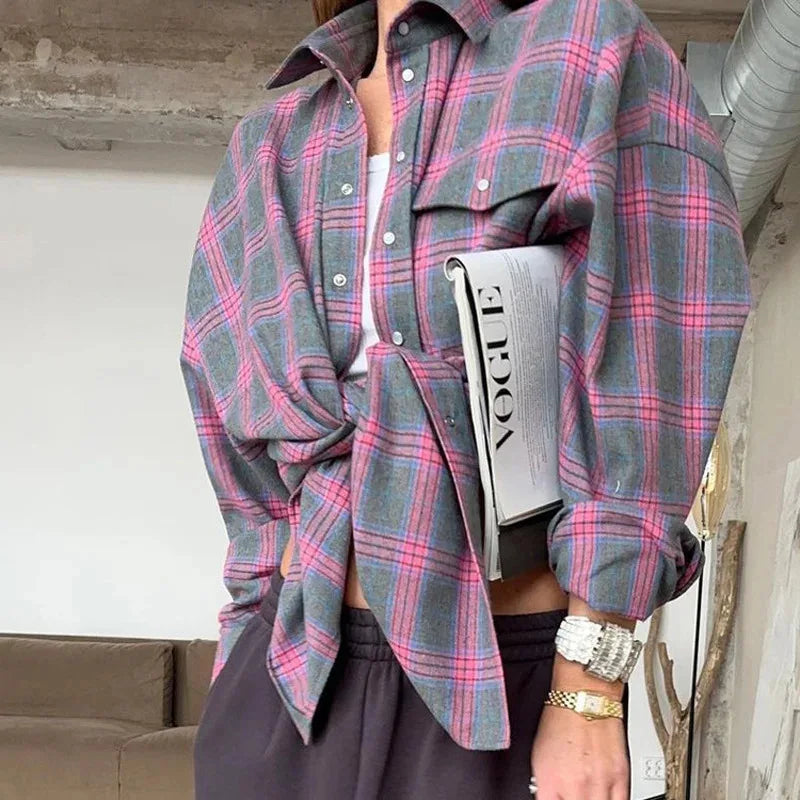 Greta | Damen Oversized Kariertes Hemd mit Taschen | Grün