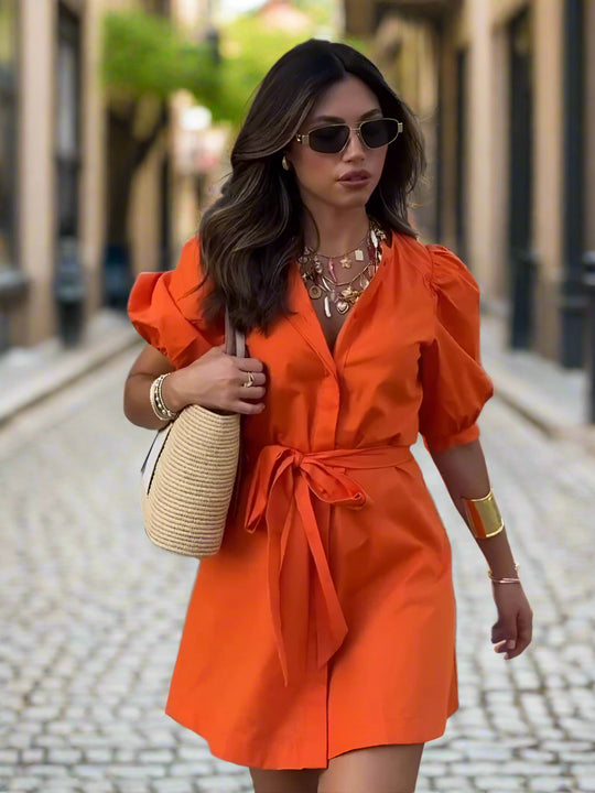 Noa | Short summer dress with belt for women | Orange
