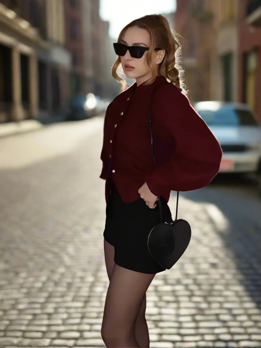 Elisa | Damen Oversized Kurze Jacke mit Rundhalsausschnitt | Bordeauxrot
