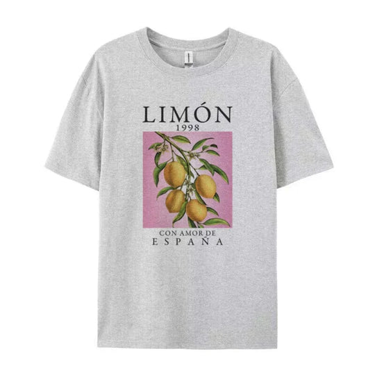 Amelie | Dames Oversized Vintage T‑Shirt met Citroenprint | Grijs