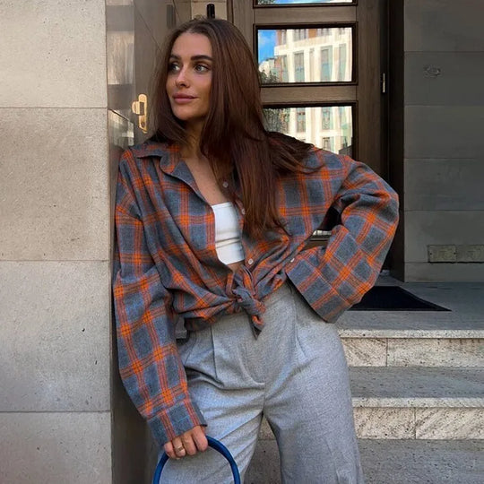 Greta | Women's Oversized Checked Blouse with Pockets | Green
