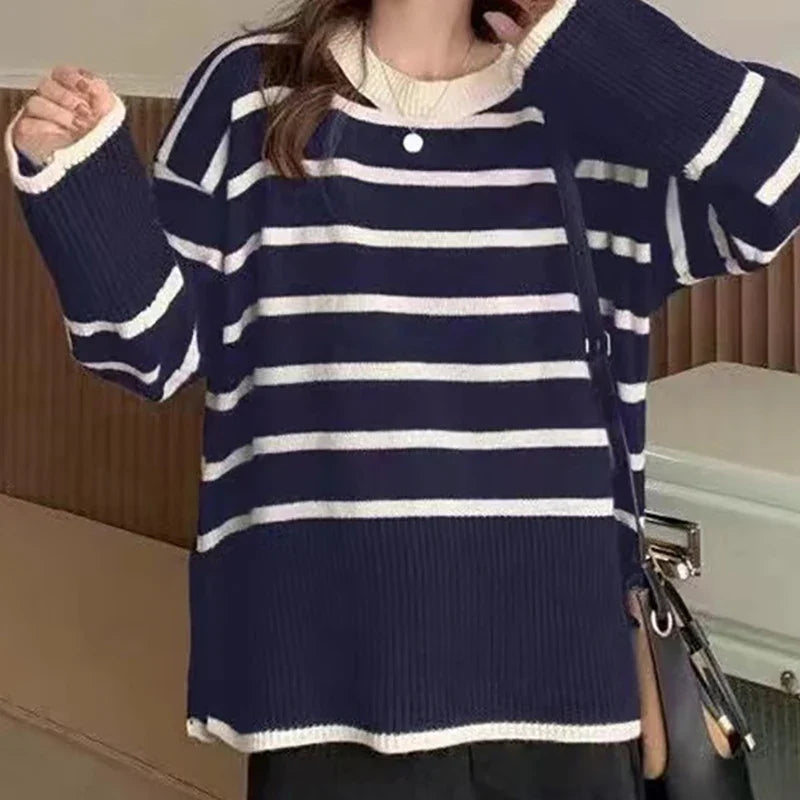 Mira | Women's Oversized Knit Sweater with Stripes | Apricot