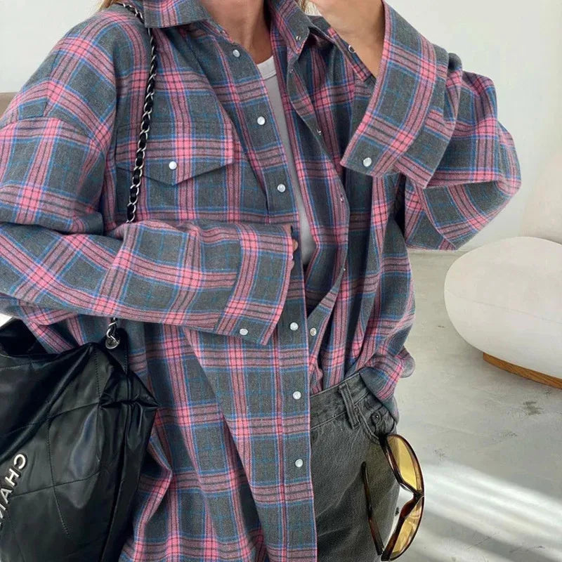Greta | Women's Oversized Checked Blouse with Pockets | Green