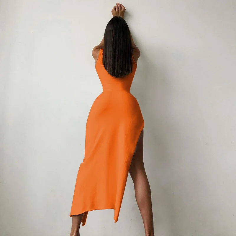 Elise | Sleeveless midi dress with turtleneck and side slit for women | Orange
