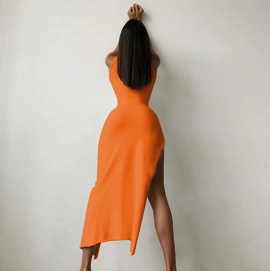 Elise | Sleeveless midi dress with turtleneck and side slit for women | Orange