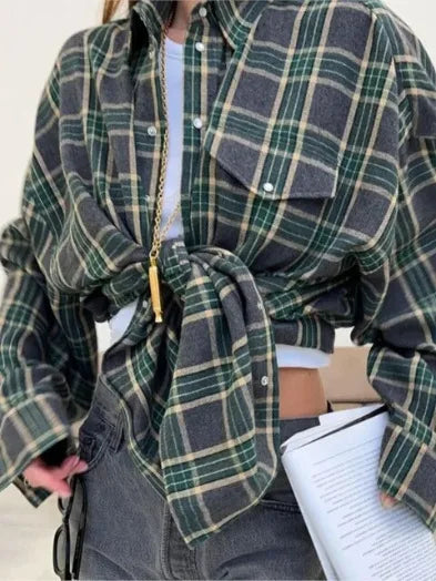 Greta | Women's Oversized Checked Blouse with Pockets | Green