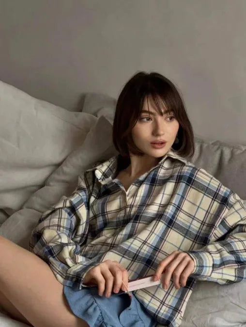 Elaya | Women's Oversized Checked Blouse with Pockets | Blue