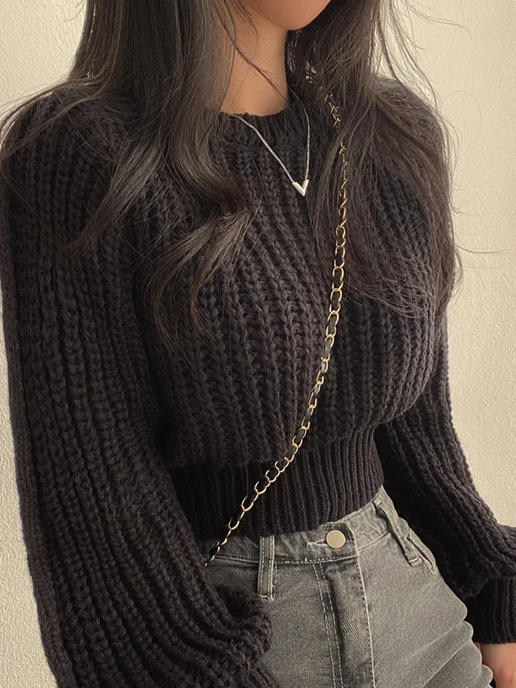 Selina | Women's Oversized Knitted Sweater with Lantern Sleeves | Black