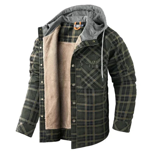 Warme casual jas met geruit patroon en capuchon.