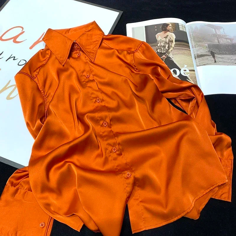 Sophie | Women's Satin Blouse with Long Sleeves | Orange
