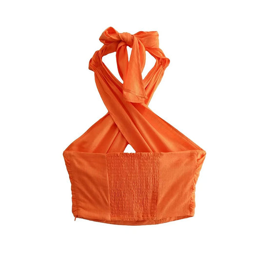 Mira | Short halter top with crossed design for women | Orange