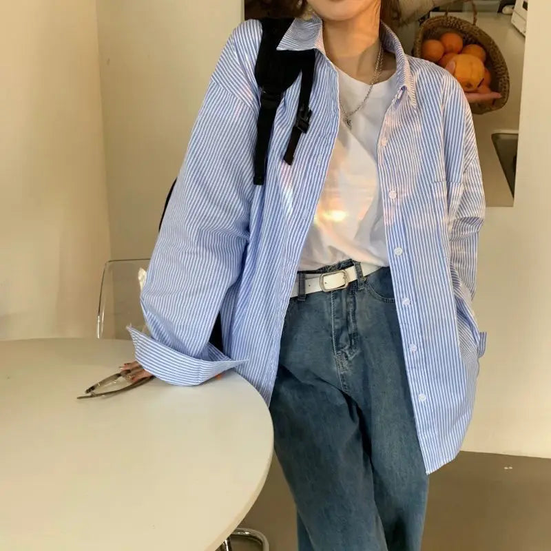 Elva | Women's Oversized Striped Shirt with Long Sleeves | Blue