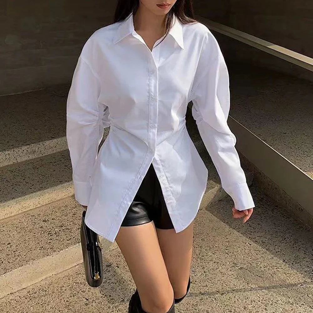 Alina | Damen Oversized Bluse mit Schleife & Kragen | Weiß
