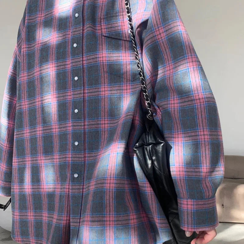 Elaya | Women's Oversized Checked Blouse with Pockets | Blue