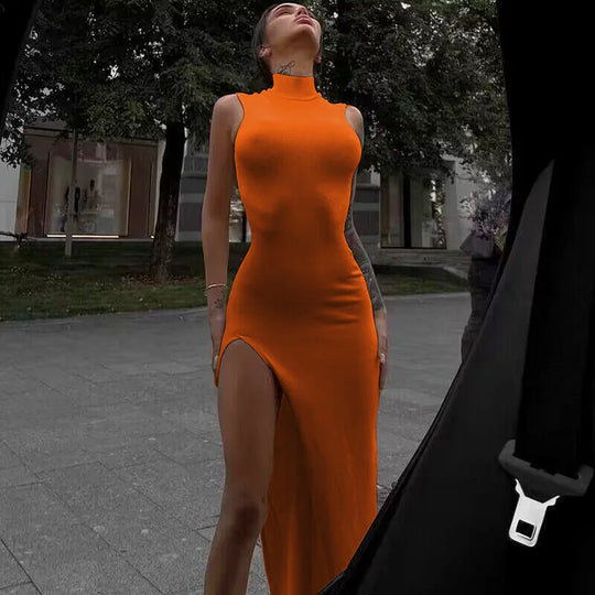 Elise | Sleeveless midi dress with turtleneck and side slit for women | Orange