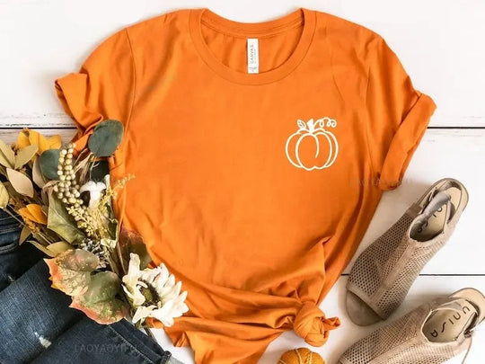 Mila | Kawaii autumn T-shirt with pumpkin print for women | Orange