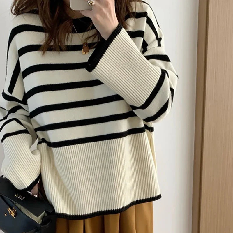 Mira | Women's Oversized Knit Sweater with Stripes | Apricot