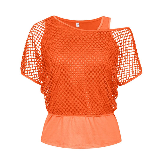 Lina | Women Mesh Off-Shoulder T-shirt | Orange