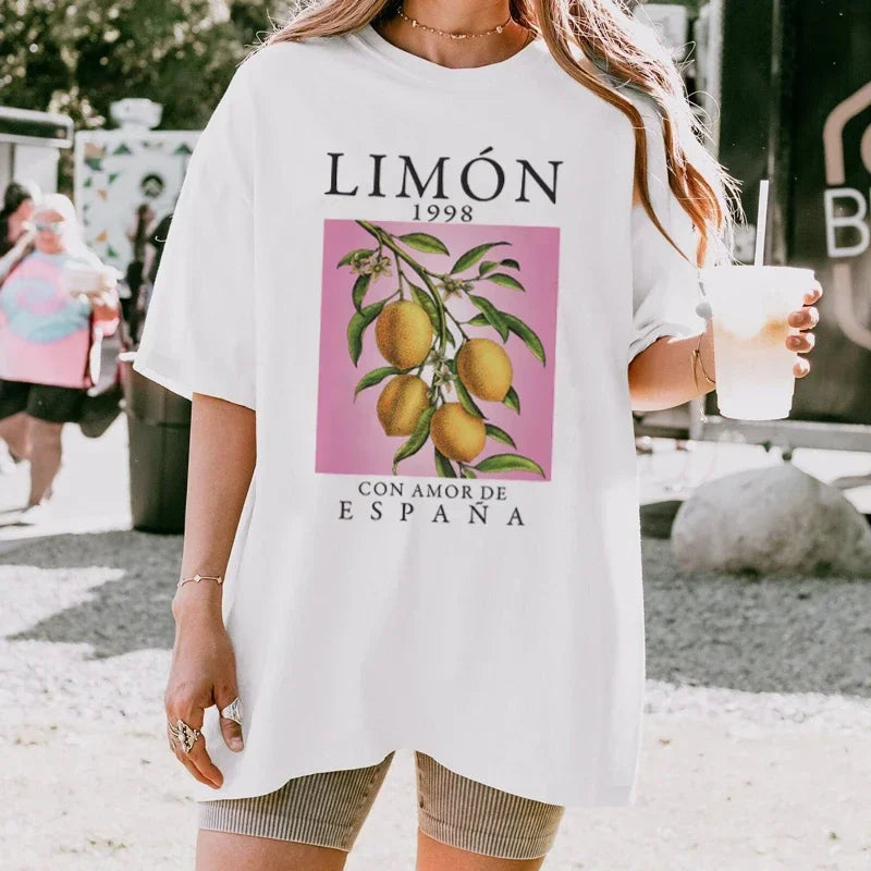Amelie | Damen Oversized Vintage T-Shirt mit Zitronenprint | Grau