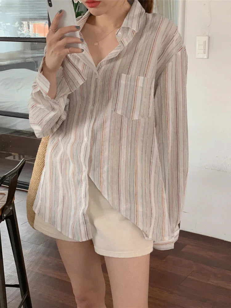 Leana | Women's Oversized Striped Shirt with Long Sleeves | Beige
