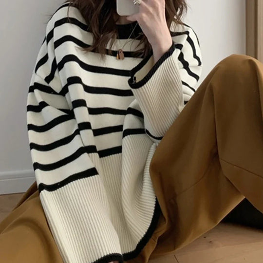 Mira | Women's Oversized Knit Sweater with Stripes | Apricot