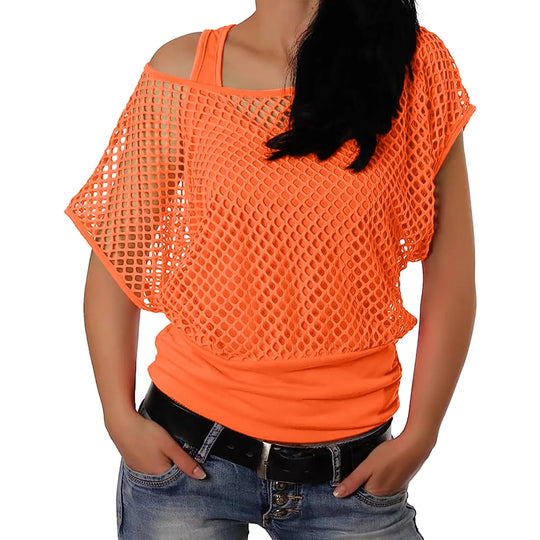 Lina | Women Mesh Off-Shoulder T-shirt | Orange