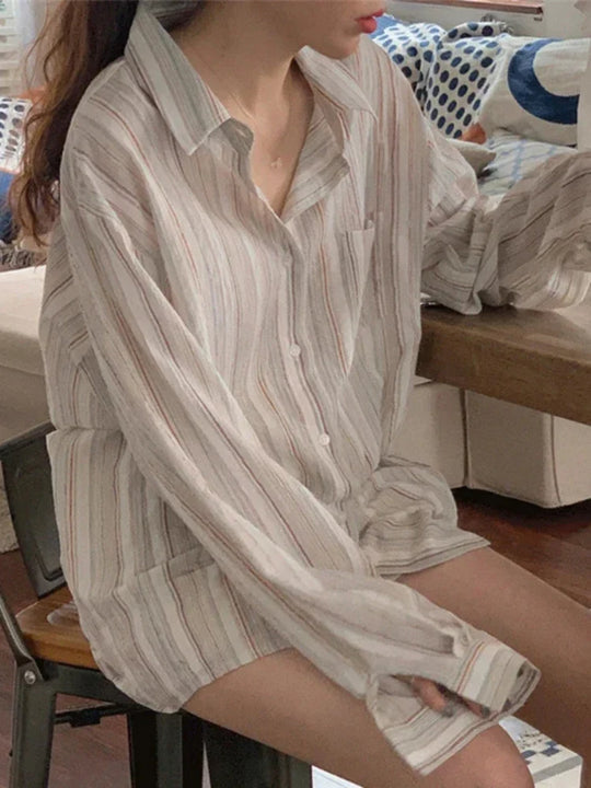 Leana | Women's Oversized Striped Shirt with Long Sleeves | Beige