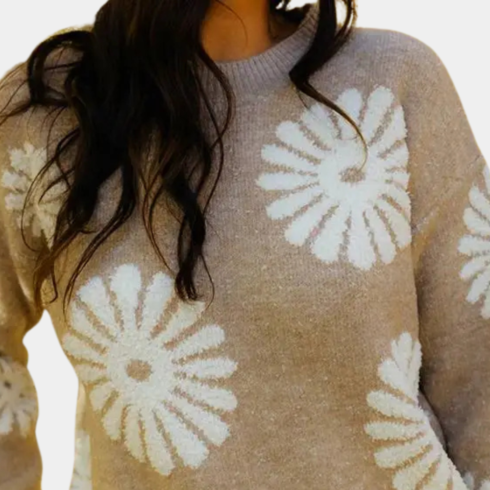 Noëlle | Damen Strickpullover mit Blumenmuster | Beige