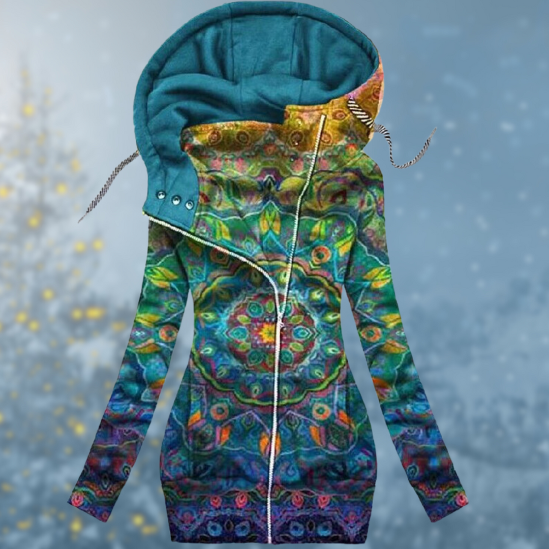 Trendy damespullover met oversized capuchon en ritssluiting.