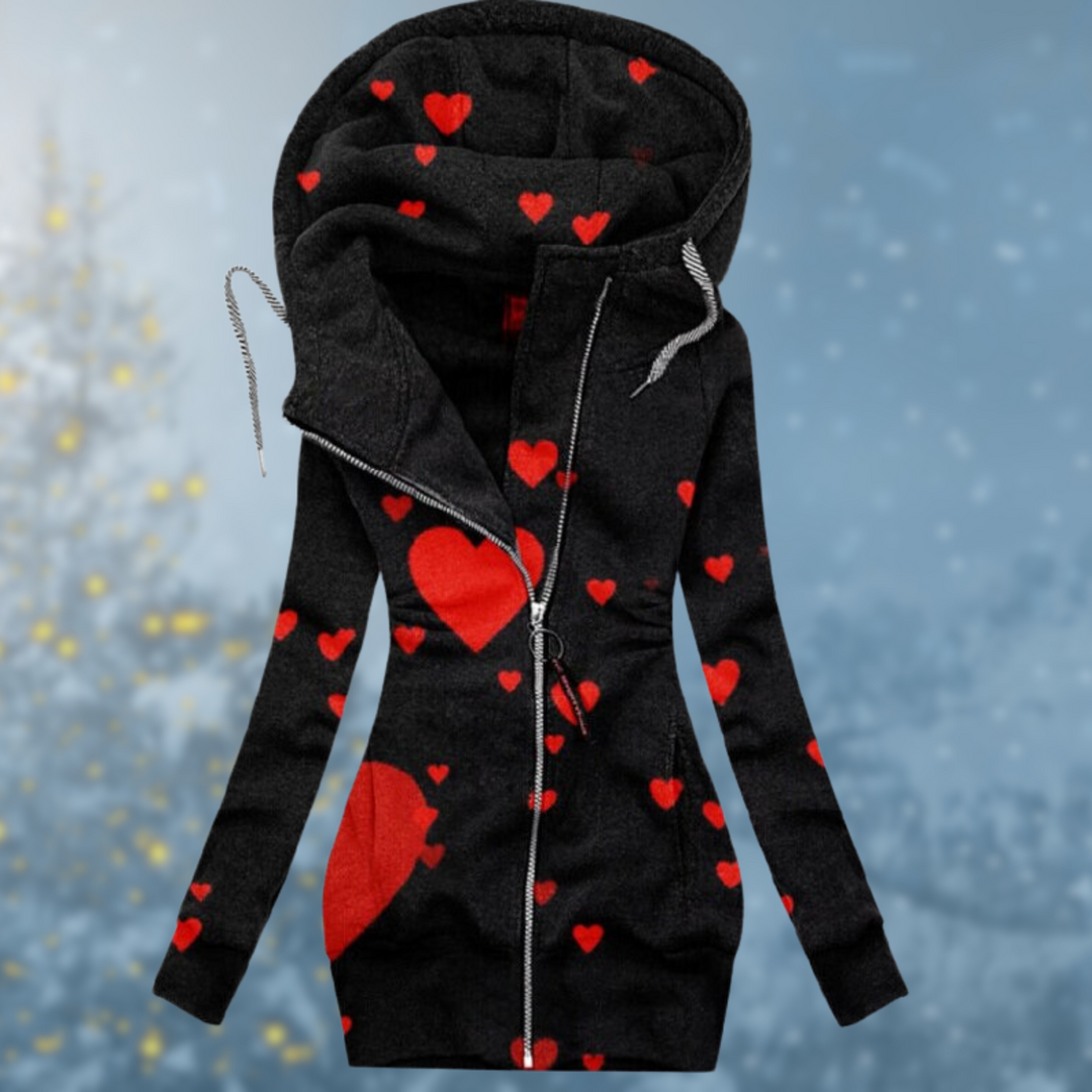 Warme winterpullover met kleurrijke vlinderprint en asymmetrische rits.