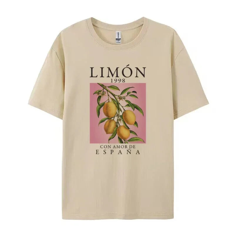 Amelie | Dames Oversized Vintage T‑Shirt met Citroenprint | Grijs