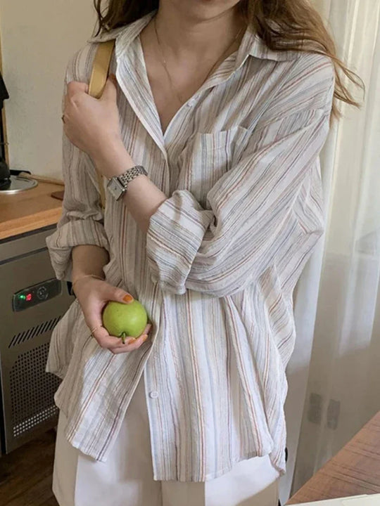Leana | Women's Oversized Striped Shirt with Long Sleeves | Beige