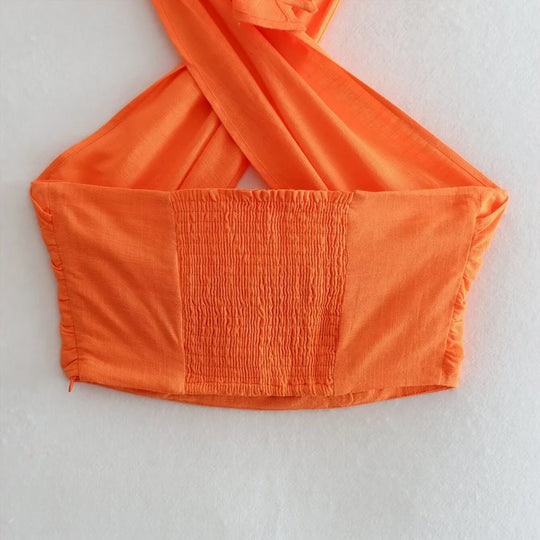 Mira | Short halter top with crossed design for women | Orange