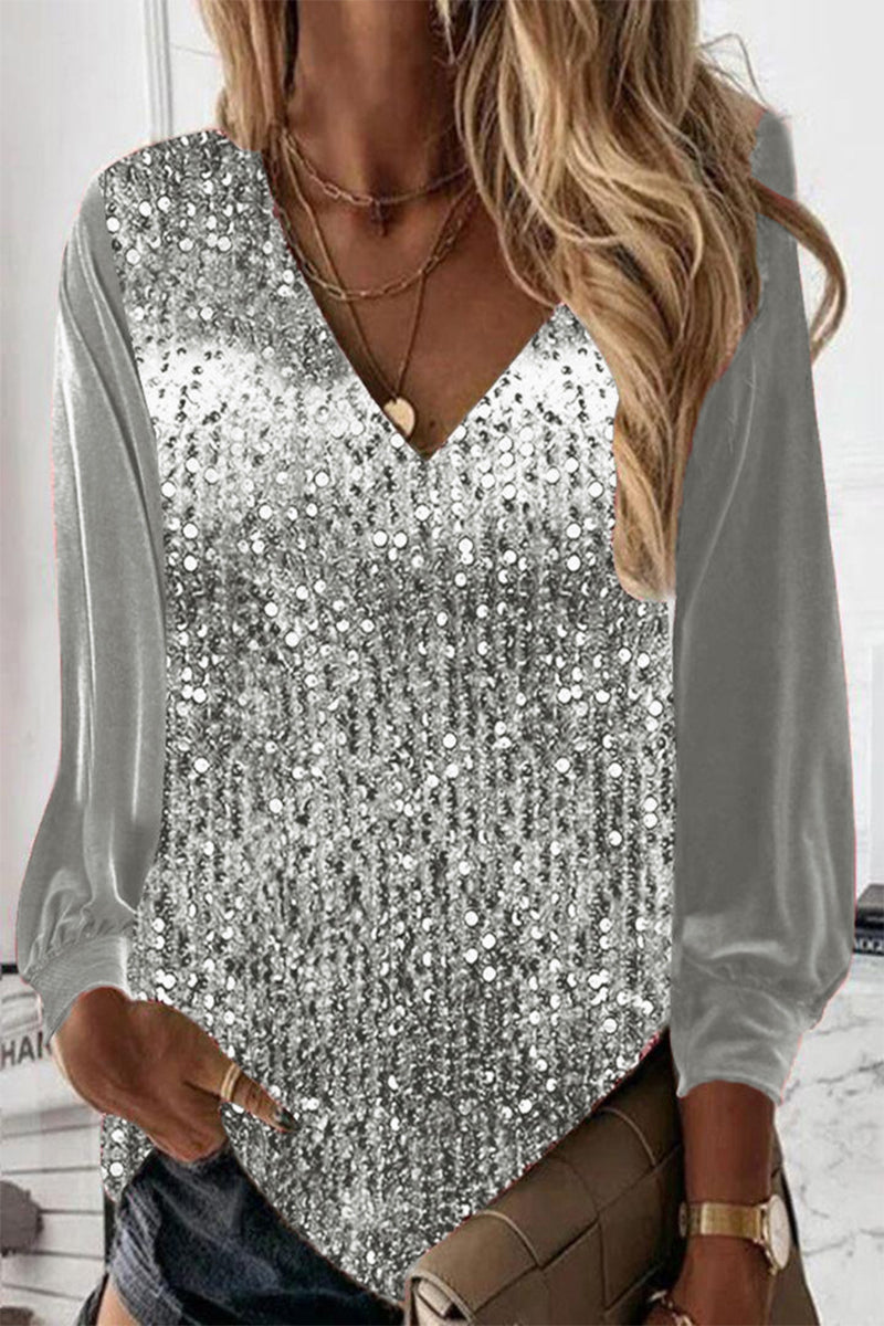 Sara | Blouse with long sleeves and V-neck and sequins