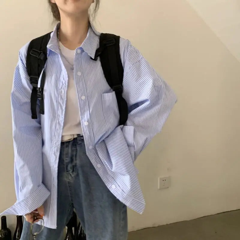 Elva | Women's Oversized Striped Shirt with Long Sleeves | Blue