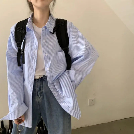 Elva | Women's Oversized Striped Shirt with Long Sleeves | Blue