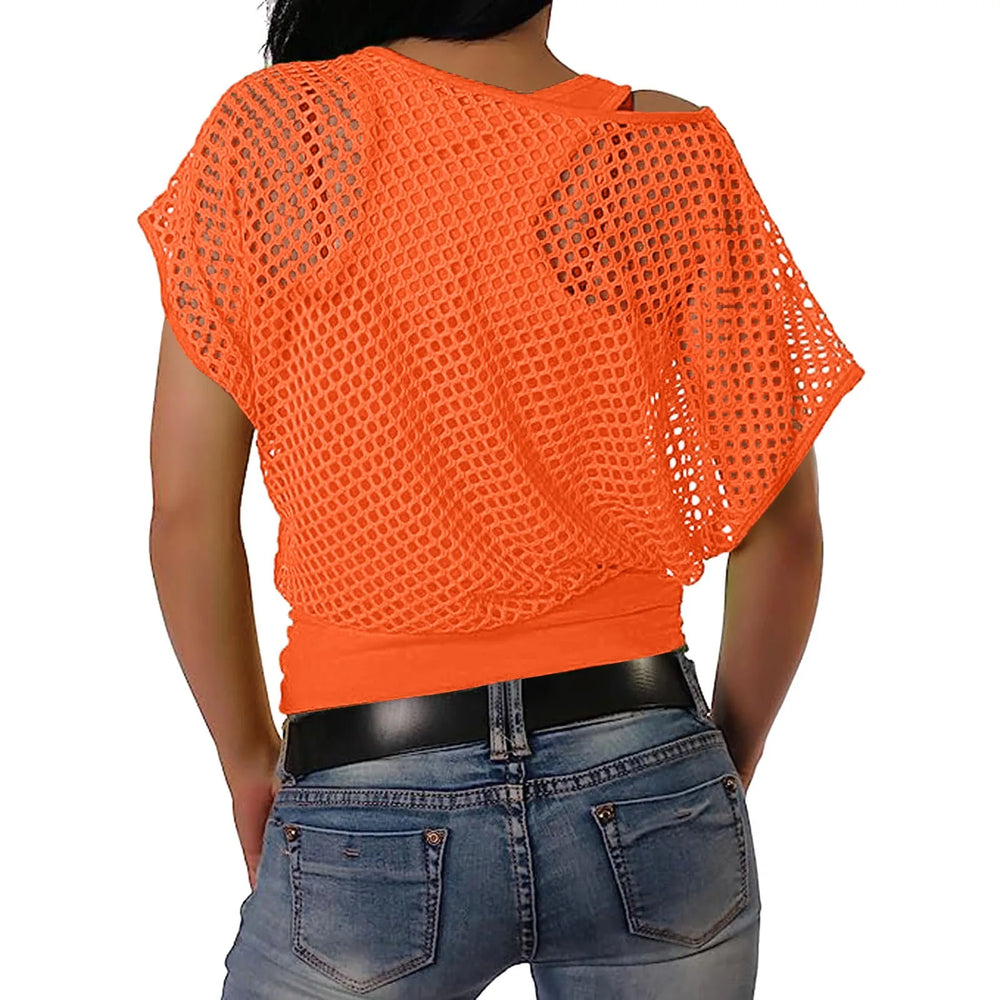 Lina | Women Mesh Off-Shoulder T-shirt | Orange