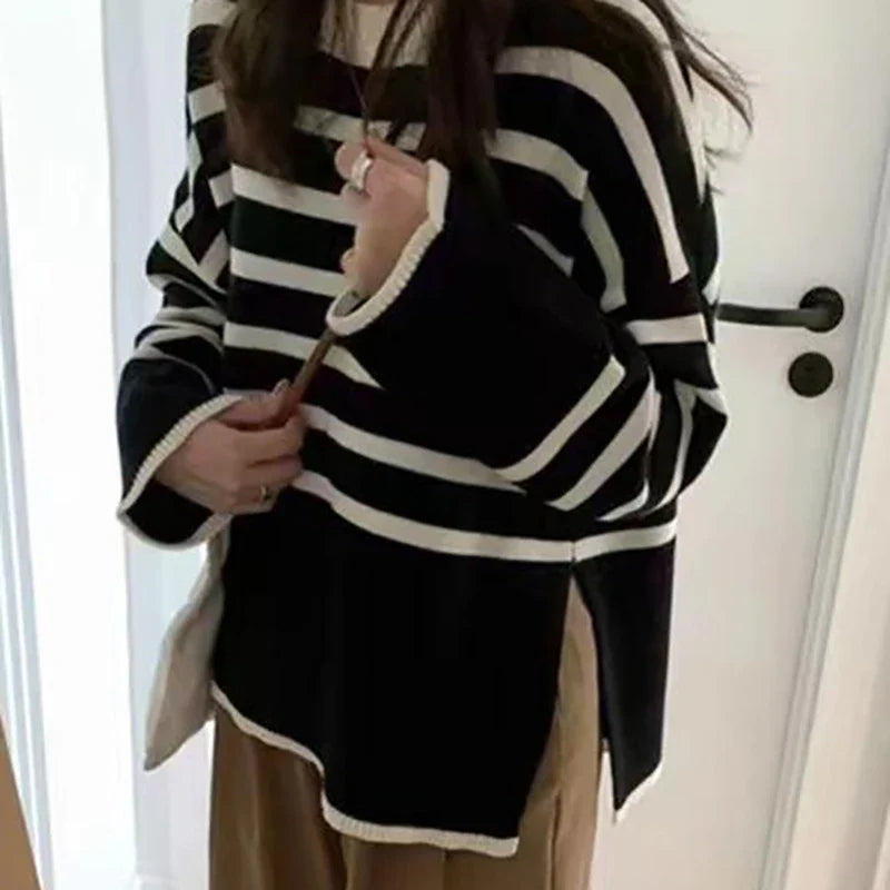Mira | Women's Oversized Knit Sweater with Stripes | Apricot
