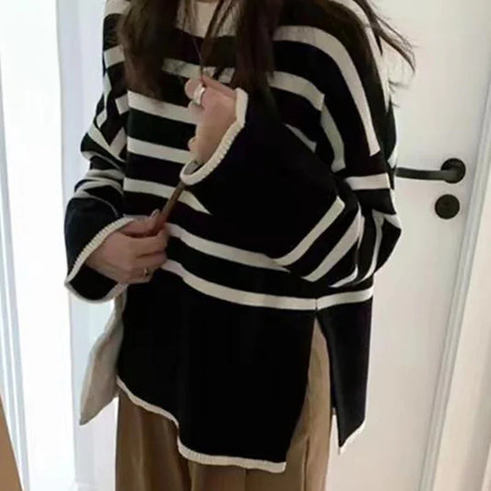 Mira | Women's Oversized Knit Sweater with Stripes | Apricot