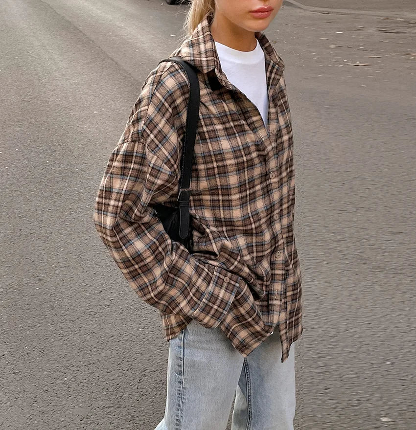 Sienna | Women's Oversized Checked Blouse with Button Closure | Brown