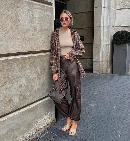 Sienna | Women's Oversized Checked Blouse with Button Closure | Brown