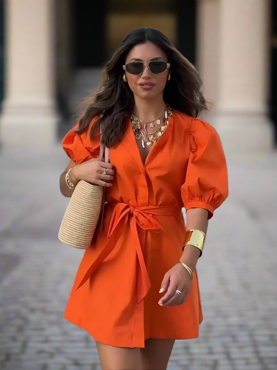 Noa | Short summer dress with belt for women | Orange