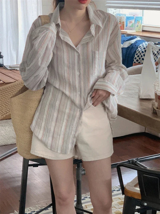 Leana | Women's Oversized Striped Shirt with Long Sleeves | Beige